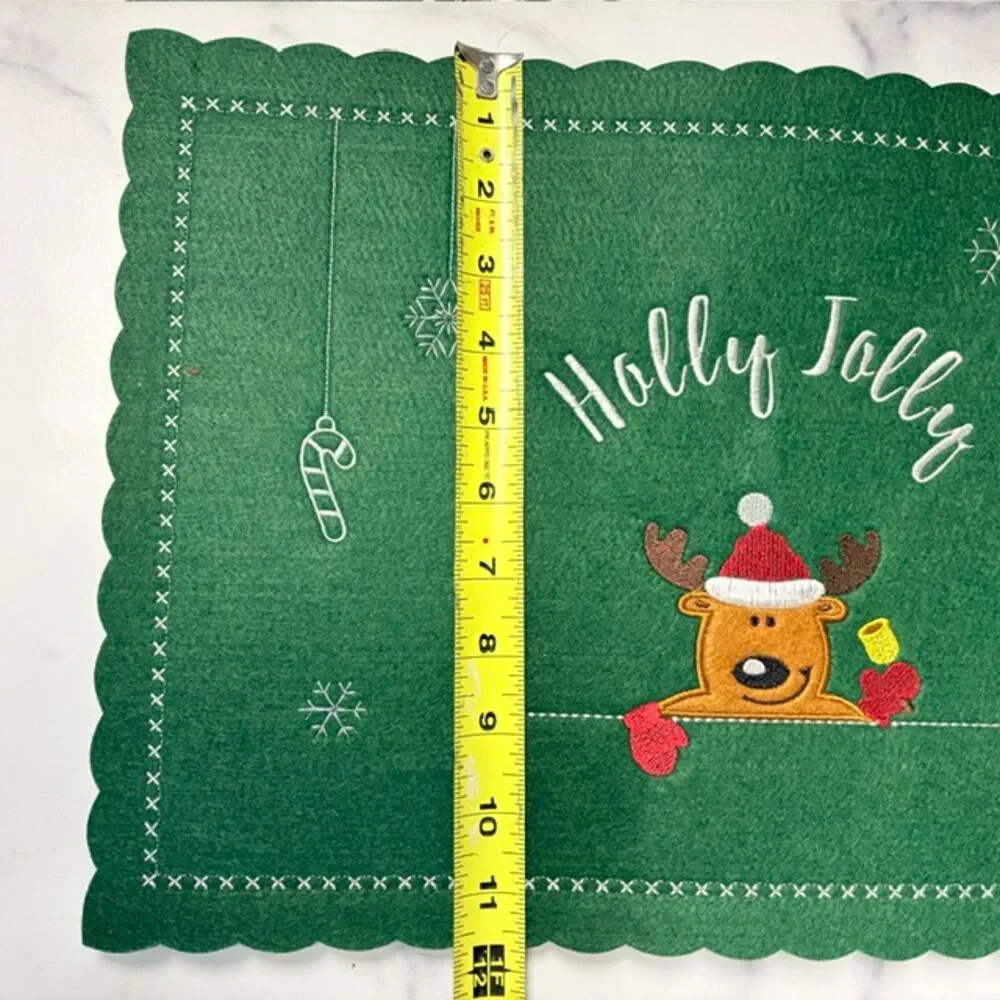 Christmas Holly Jolly Reindeer Placemats Set of 4 Green Felt Embroidered